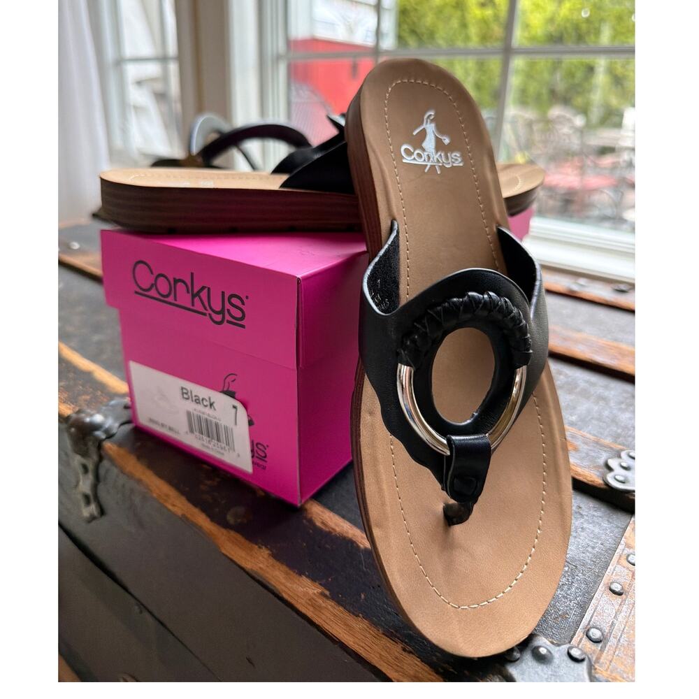 NEW Corkys Ring my Bell Sandals Women's Size 7 Black Flip Flop Silver Ring Beach